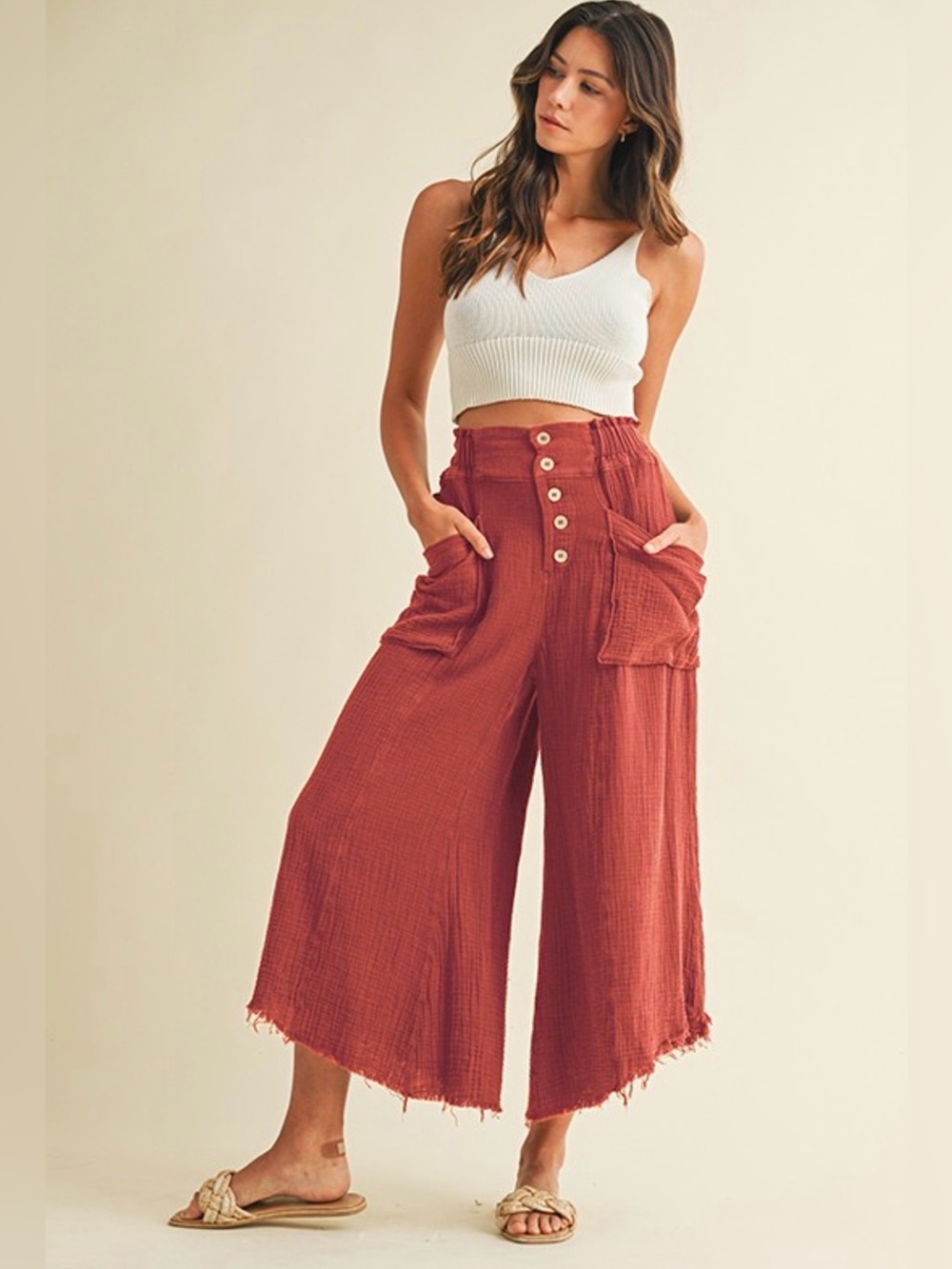 142. WIDE LEG CROPPED LINEN AND COTTON PANTS